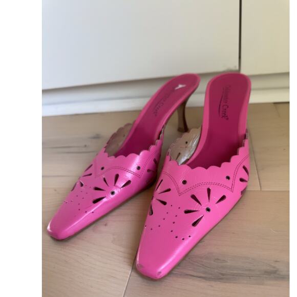 Vintage Shoes - Y2K Pink Mule Heels Size 8 Pointed Toe Barbie Pink 90s Kitten Heel
